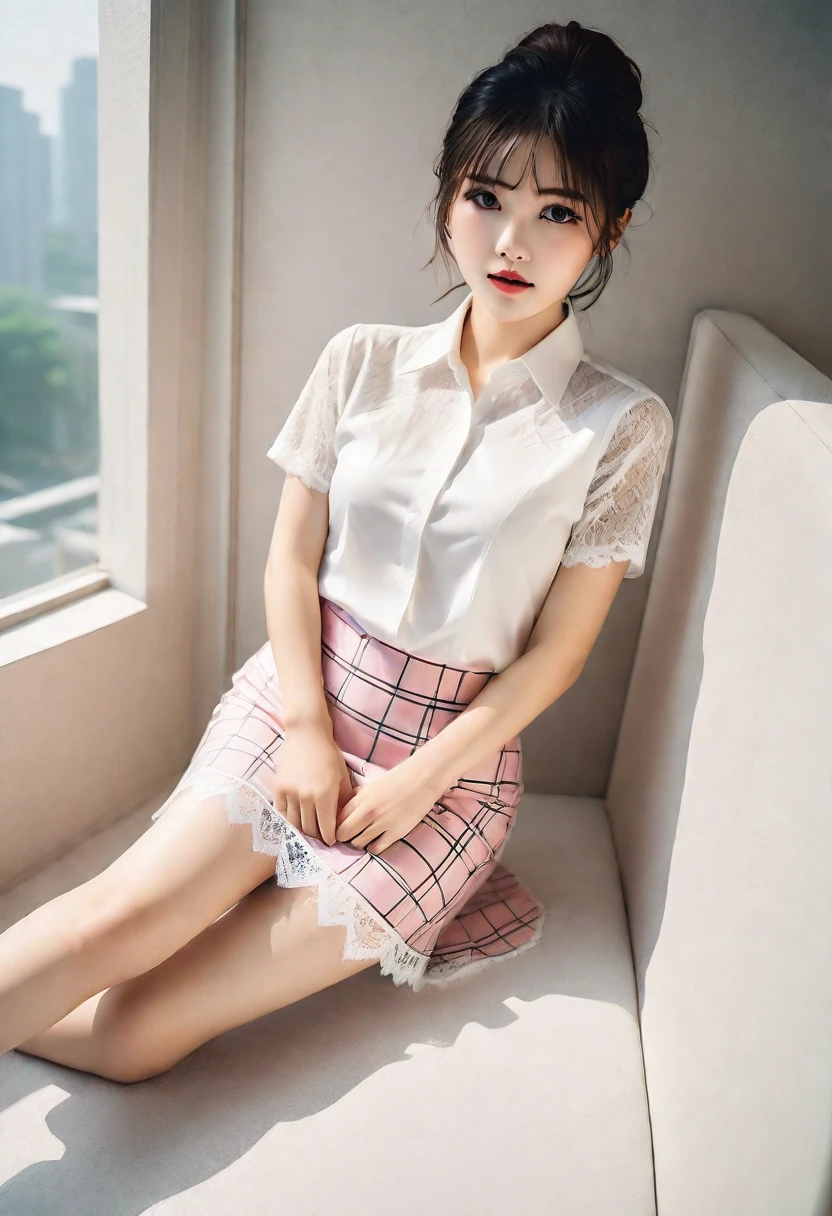 (Highest quality:1.9)、(High resolution)、Live-action image quality、((19 year old female university student、1 person))、Soft lighting by a professional photographer、Natural light、((Very spacious white luxurious room:1.6))、((Bright white room:1.6))、(Standing in front of a very luxurious white bed:1.2)、(White bookshelf background:1.1)、Natural soft light、((Black Hair Color:1.1))、Fair skin、Detailed Eyes、double eyelid、Slightly puffy cheeks、((Small Face:1.0))、((Pink lace short sleeve shirt、Checked mini skirt、Please wear it with the chest open.:1.7))、(smile)、((Girly pose 1.8))、((short hair:1.1))、((Full Body Shot:1.2))、((Height: 145cm))、Hands in front、Hold hands between legs、bangs、