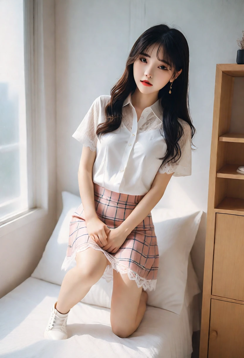 (Highest quality:1.9)、(High resolution)、Live-action image quality、((19 year old female university student、1 person))、Soft lighting by a professional photographer、Natural light、((Very spacious white luxurious room:1.6))、((Bright white room:1.6))、(Standing in front of a very luxurious white bed:1.2)、(White bookshelf background:1.1)、Natural soft light、((Black Hair Color:1.1))、Fair skin、Detailed Eyes、double eyelid、Slightly puffy cheeks、((Small Face:1.0))、((Pink lace short sleeve shirt、Checked mini skirt、Please wear it with the chest open.:1.7))、(smile)、((Girly pose 1.8))、((short hair:1.1))、((Full Body Shot:1.2))、((Height: 145cm))、Hands in front、Hold hands between legs、bangs、