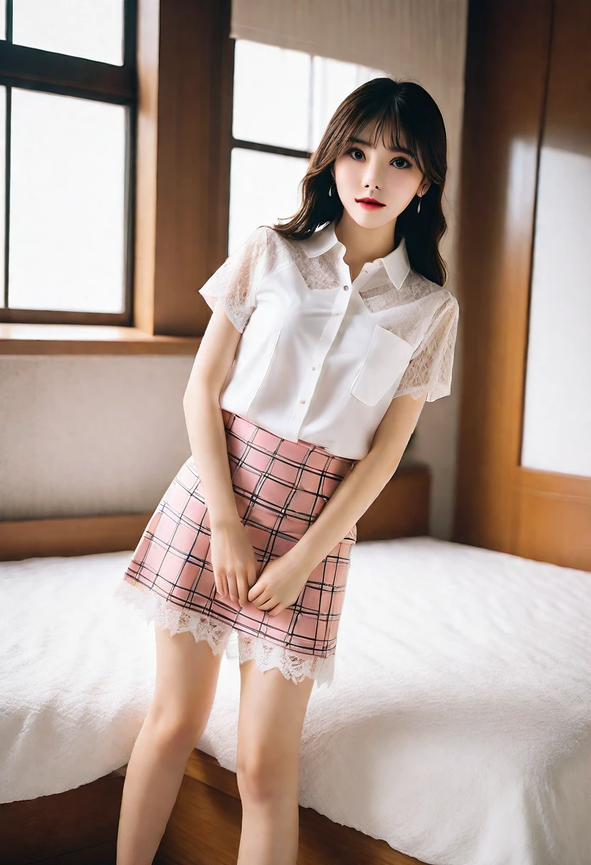 (Highest quality:1.9)、(High resolution)、Live-action image quality、((19 year old female university student、1 person))、Soft lighting by a professional photographer、Natural light、((Very spacious white luxurious room:1.6))、((Bright white room:1.6))、(Standing in front of a very luxurious white bed:1.2)、(White bookshelf background:1.1)、Natural soft light、((Black Hair Color:1.1))、Fair skin、Detailed Eyes、double eyelid、Slightly puffy cheeks、((Small Face:1.0))、((Pink lace short sleeve shirt、Checked mini skirt、Please wear it with the chest open.:1.7))、(smile)、((Girly pose 1.8))、((short hair:1.1))、((Full Body Shot:1.2))、((Height: 145cm))、Hands in front、Hold hands between legs、bangs、
