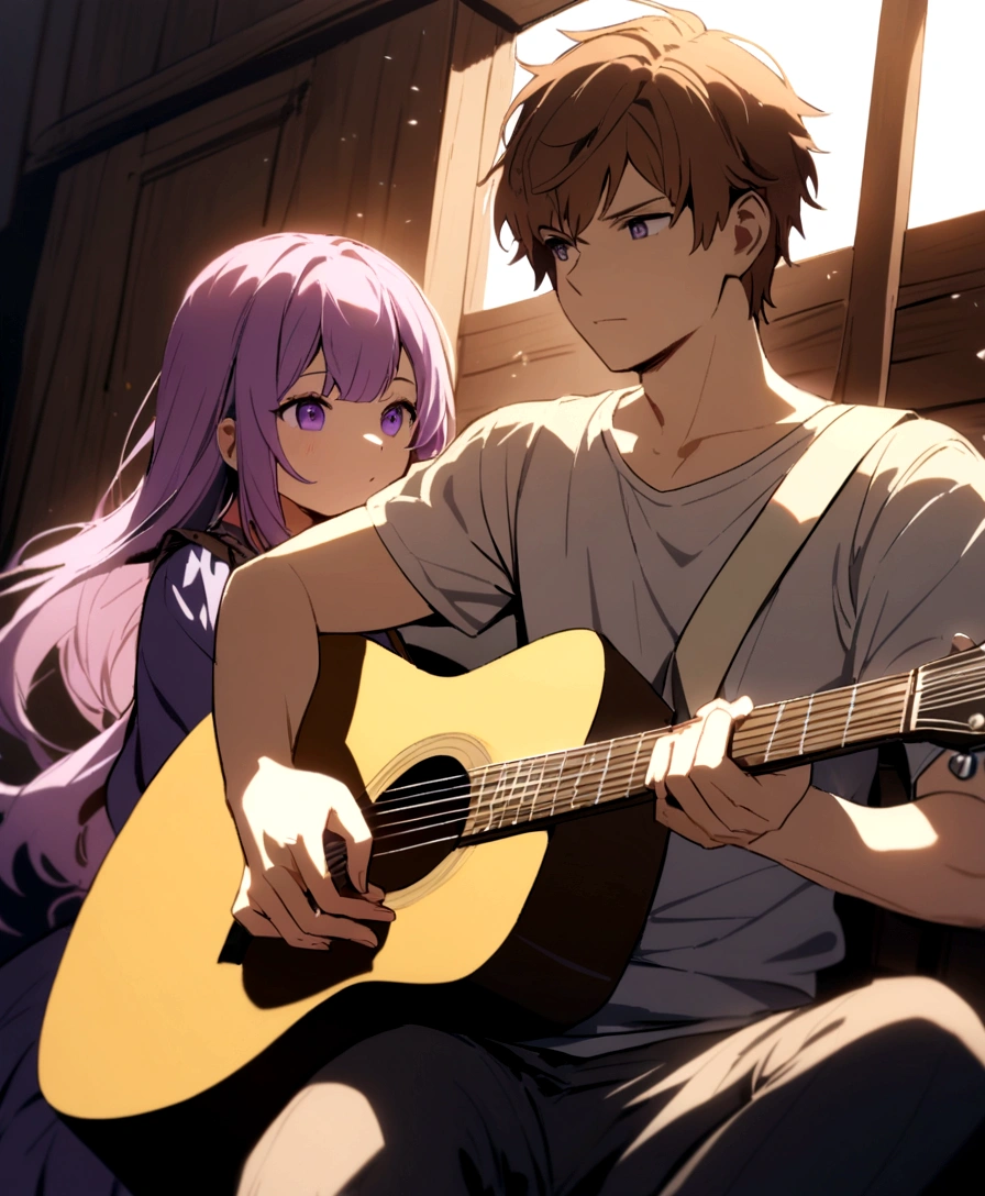 The boy with brown hair and yellow hair is playing a guitar with girl sitting next to him, long lilac hair and purple eyes.