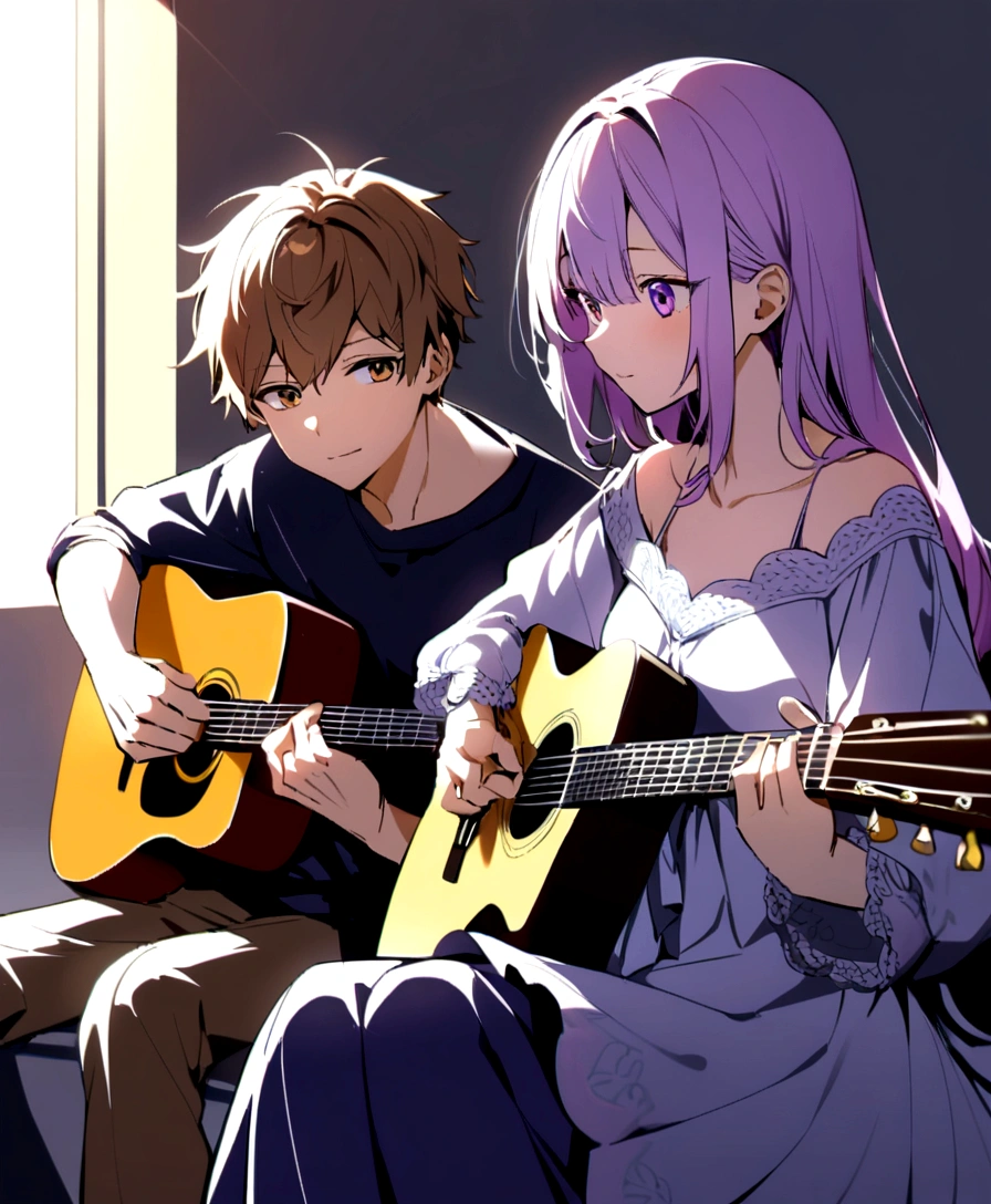 The boy with brown hair and yellow hair is playing a guitar with girl sitting next to him, long lilac hair and purple eyes. 