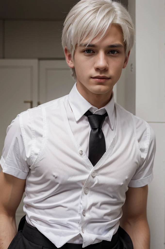 A white-haired boy wearing a white shirt with a black vest and red tie