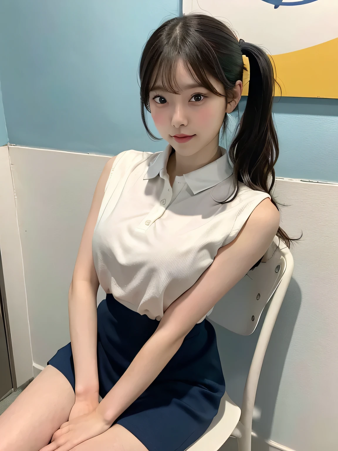 One person、11 years old、Full body photo,slender、woman、White drool coming out of the mouth、smile、、Short Ponytail、 Fair skinned and super cute、Soft and Face、8K resolution、Surreal、Ultra high definition、 A-cup small breasts((Highest resolution、8K、masterpiece:1.3))、Ultra-fine face、Ultra Fine Lips、Beautiful Eyes、double eyelid,Blue Wall、Yellow polo shirt with sleeveless collar、White Skirt、Thighs、thin,Thighsが見える、Shapely small breasts、sexy、So cute!,Sitting in a chair、Thighsが見える、
