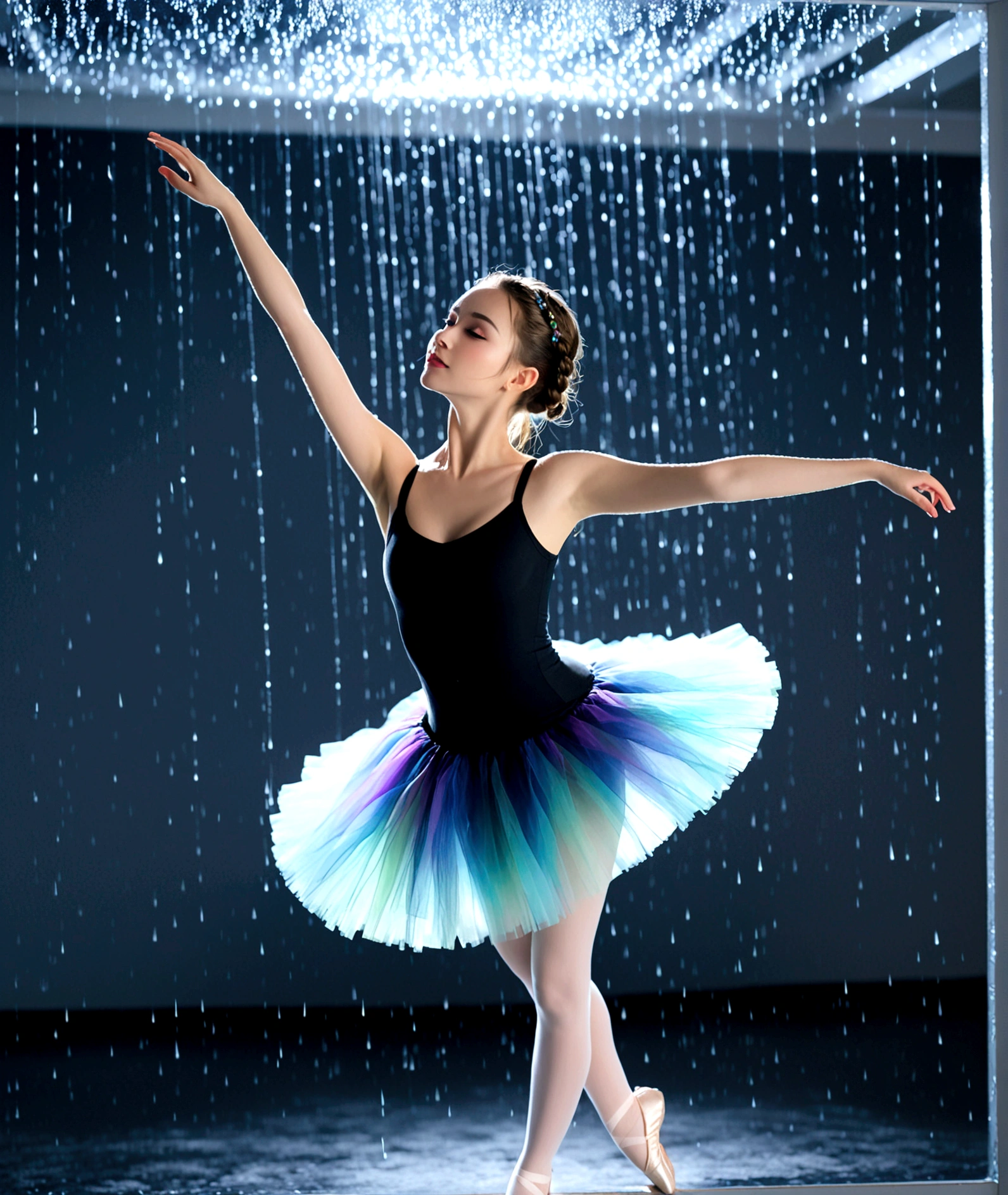 1girl,french braid,full-body shot,ballet,tutu,floating rain,[tutu:floating rain:0.1],cinematic lighting,ray tracing,light particles,screen space refraction,glowing,simple background, (Masterpiece, best quality,complex details: 1.2),ultra-high definition, high saturation,clean bright colors, rich details, 8k,RAW photo,Canon