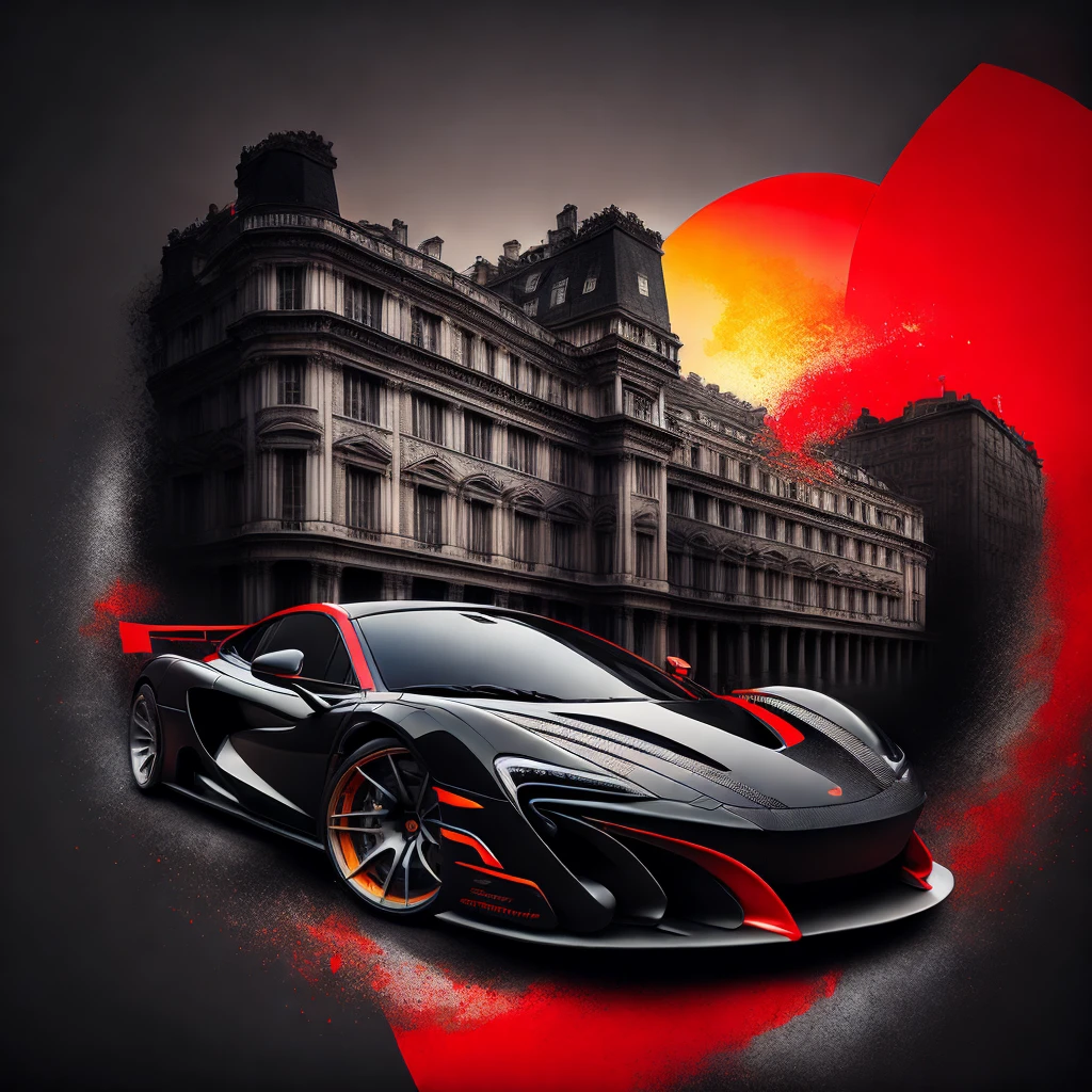 Circular t-shirt design, faded background edges, Classic London buildings background, swirly vibrant colors, Art for t-shirt graphic design, bright black and red ceiling colored McLAREN COMMITMENT , shocking colorful painting, swirly vibrant colors altamente detalhadas k, sharp high contrast high saturated , Aggressive pose, realistic realism sharp detailed ultrawide black and carbon fiber and deep color scheme side profile epic stance epic ultrawide body kit aggressive looking vector image with faded backgrounds border