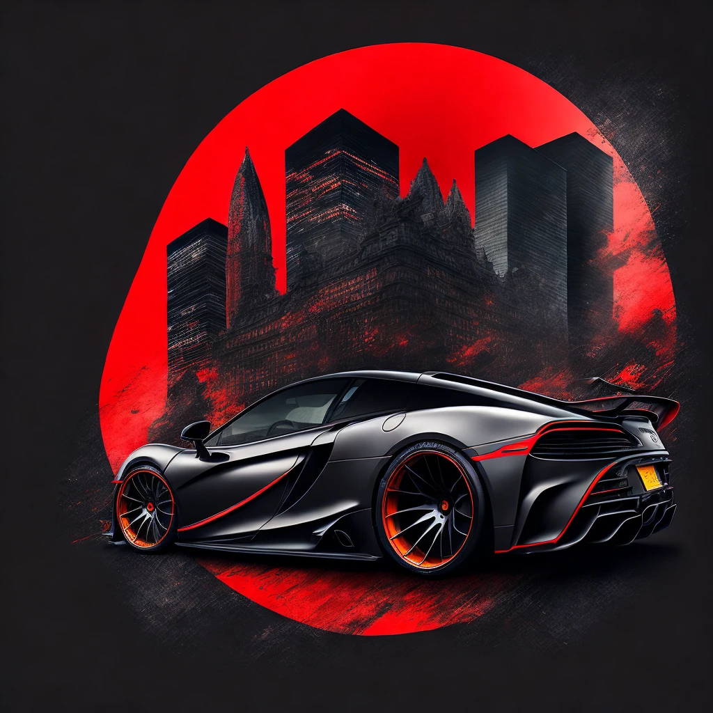 Circular t-shirt design, faded background edges, Classic London buildings background, swirly vibrant colors, Art for t-shirt graphic design, bright black and red ceiling colored McLAREN COMMITMENT , shocking colorful painting, swirly vibrant colors altamente detalhadas k, sharp high contrast high saturated , Aggressive pose, realistic realism sharp detailed ultrawide black and carbon fiber and deep color scheme side profile epic stance epic ultrawide body kit aggressive looking vector image with faded backgrounds border