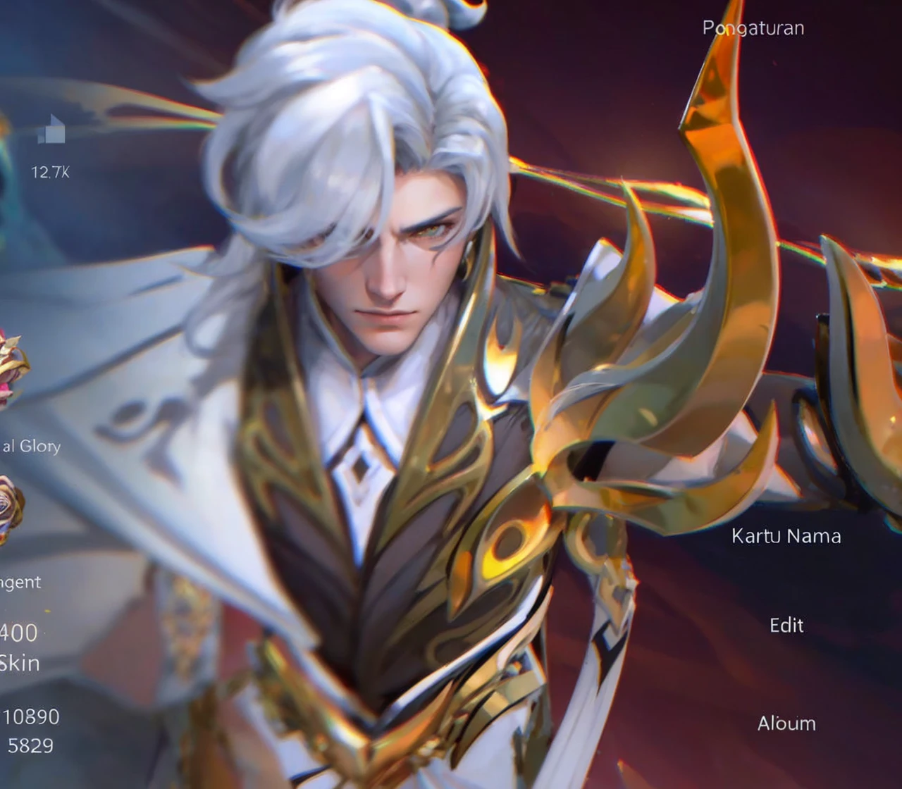 young noble man, silver hair, light yellow eyes, tall and handsome body posture, handsome face, European nobleman, white noble uniform,  His shirt has a royal unicorn logo on it. pose holding a rose while saluting the nobleman, mansion background. HD color and balance, dark atmosphere with many effects.