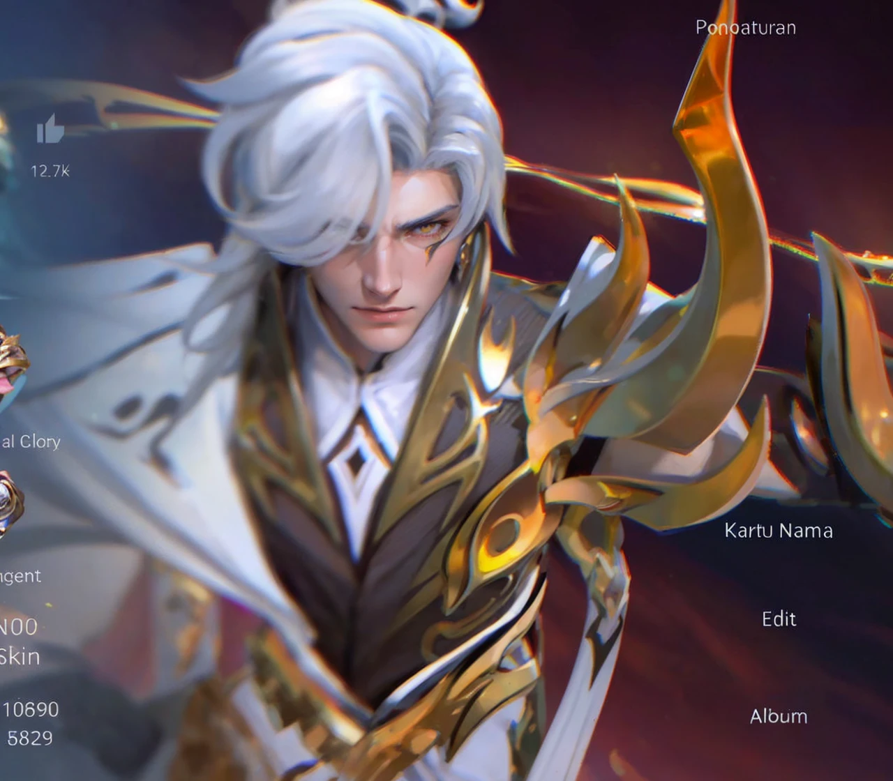 young noble man, silver hair, light yellow eyes, tall and handsome body posture, handsome face, European nobleman, white noble uniform, His shirt has a royal unicorn logo on it. pose holding a rose while saluting the nobleman, mansion background. HD color and balance, dark atmosphere with many effects.