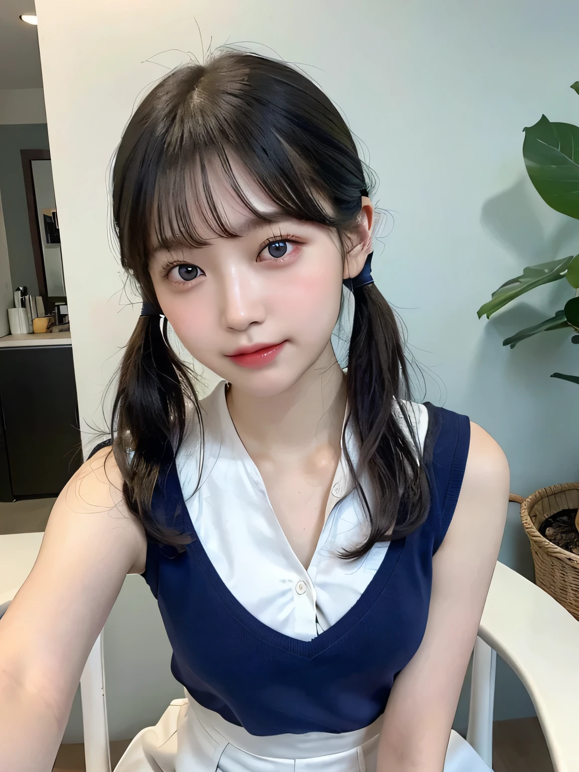 One person、11 years old、Full body photo,slender、woman、White drool coming out of the mouth、smile、、Short Ponytail、 Fair skinned and super cute、Soft and Face、8K resolution、Surreal、Ultra high definition、 A-cup small breasts（（Highest resolution、8K、masterpiece：1.3））、Ultra-fine face、Ultra Fine Lips、Beautiful Eyes、double eyelid,Blue Wall、Yellow polo shirt with sleeveless collar、White Skirt、Thighs、thin,Thighsが見える、Shapely small breasts、sexy、So cute!,Sitting in a chair、Thighsが見える、