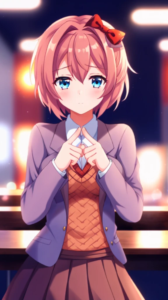 one girl, Sayori, DDLC, Doki Doki Literature Club, hair bow, shifty eyes, school blazer, light blue eyes, index fingers together