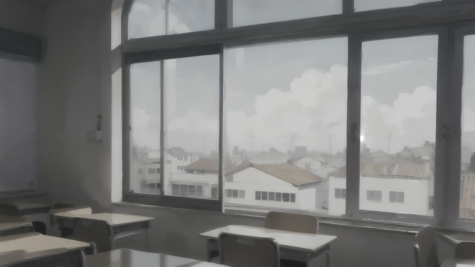 The clear sky outside the classroom window