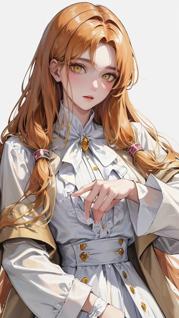 (Top resolution、Distinct_image)top-quality、femele、​masterpiece、highly detailed、Semi-realistic、yellow  eyes、18year old、young、cool clothing、Exquisite facial features、Facial features、unique hairstyle, variations, potrait, white background,   ginger hair , long straight hairstyles, white blouse, wear a brown coat on top