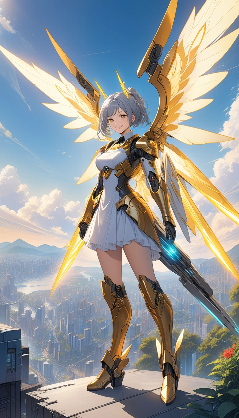 masterpiece,(best quality),Very detailed,Extremely detailed,1 Girl,(Mechanicalwing:Golden,Glowing eyes:blue,Goldenrarmor:1.2,Long ears:0.8),(Cyberpunk City:1.5,arms:Energy Blade),(Fantasy Landscape:1.2,Natural Lighting:1.5,Confident expression),(panoramic:1.2),Mecha, Smile,angle,Angel, wing,Chrome,Raw