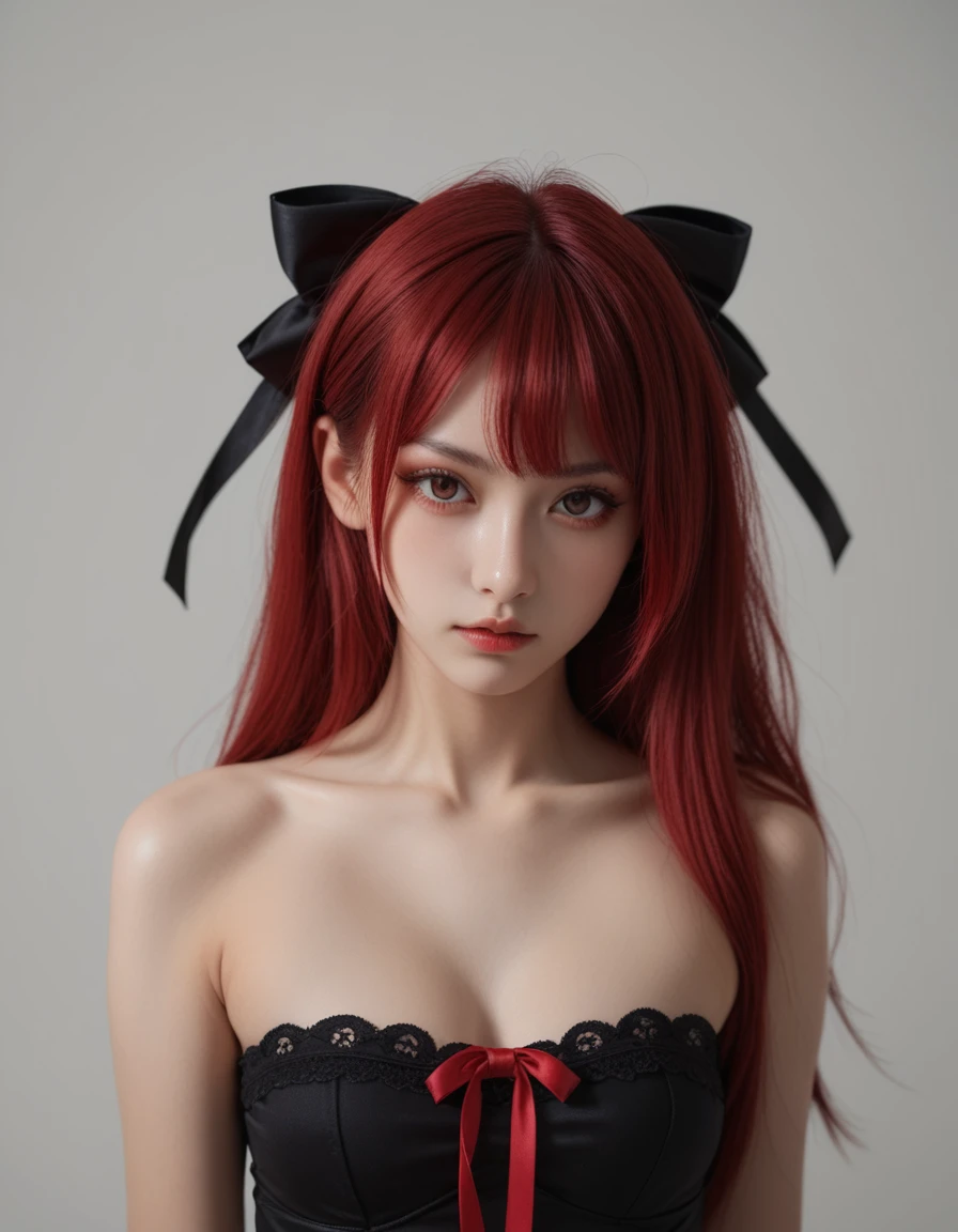 score_9, score_8_up, score_7_up,high quality,1 japanese girl, gothic atmosphere, ribbon ,(NSFW：1.5), breasts ,(red hair：1.5)