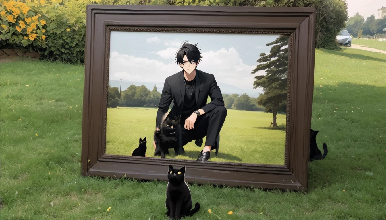 A cool guy, long black hair ,handsome, full body picture, outside on the lawn, the guy has some pircings, a black cat is on the picture