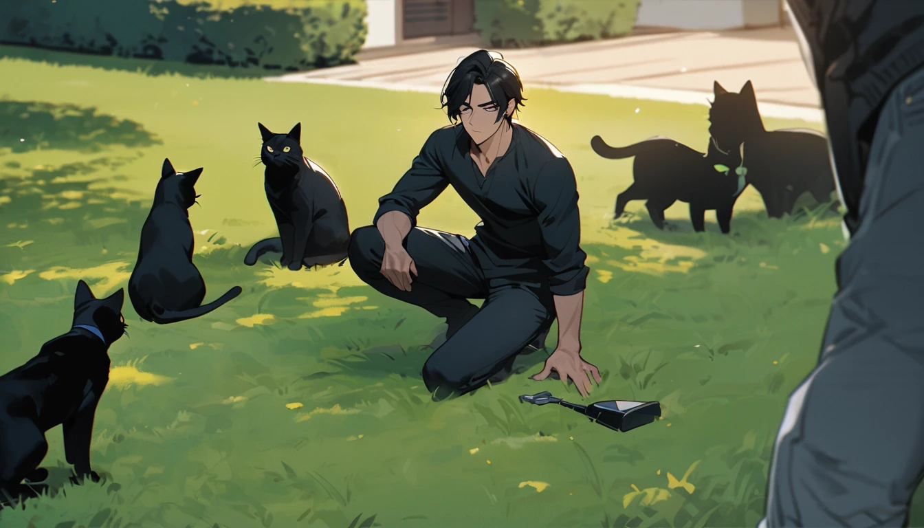 A cool guy, long black hair ,handsome, full body picture, outside on the lawn, the guy has some pircings, a black cat is on the picture