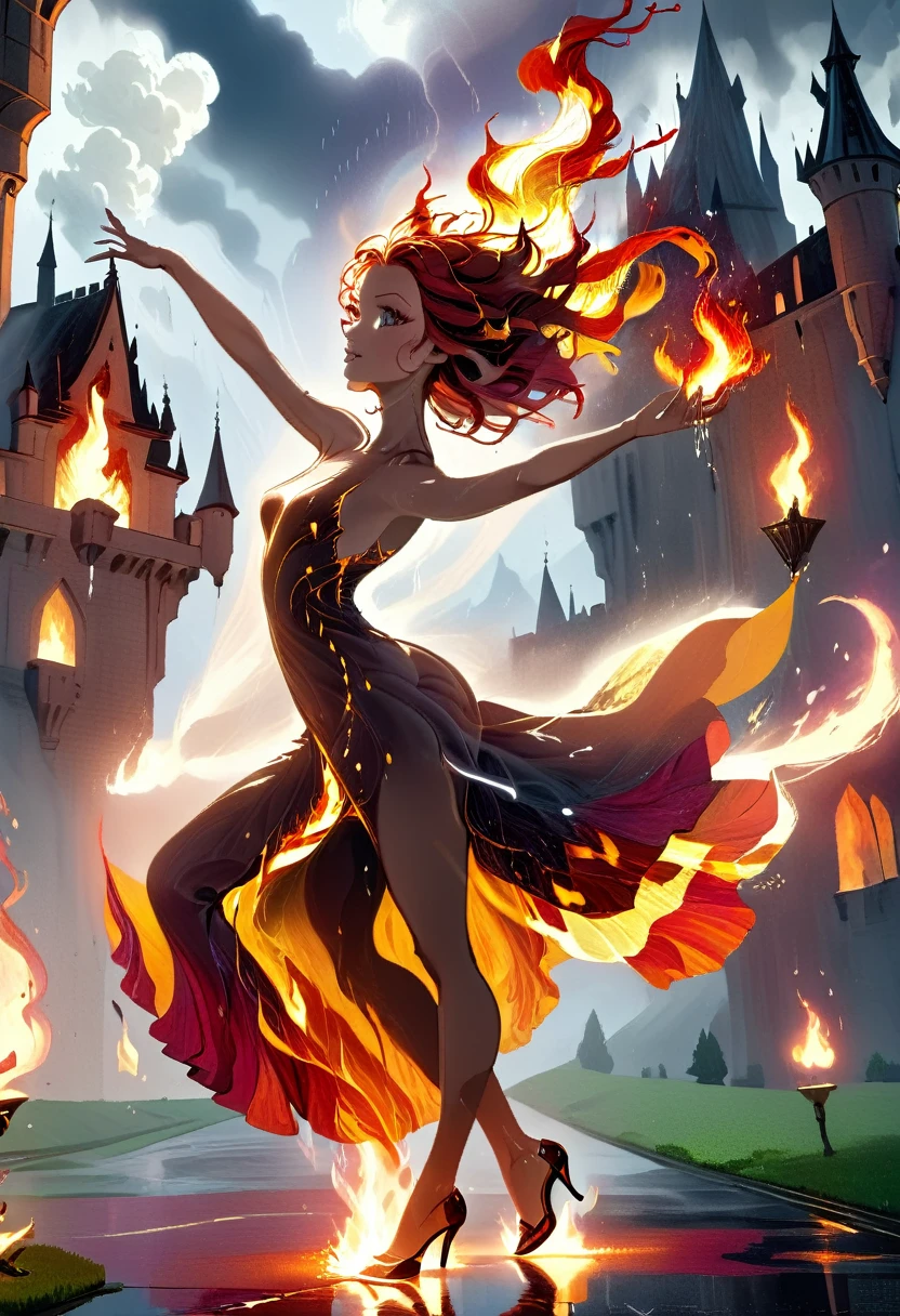 a sorceress of fire making fire dance in a the storm of rain, a most exquisite beautiful sorceress, controlling fire manipulating fire, a woman, dynamic hair color, dynamic hair style, wet hair, wet face, dynamic eyes color, full body shot, wearing dress made of fire, wearing intricate high heels, light make up, dancing in courtyard of a fantasy castle, ((heavy rain drops: 1.1)), clouds in the sky,  (anatomically correct: 1.4), (full body shot: 1.1) , vibrant, Ultra-high resolution, High Contrast, (masterpiece:1.5), highest quality, Best aesthetics), best details, best quality, highres, ultra wide angle, 16k, [ultra detailed], masterpiece, best quality, (extremely detailed),  firecd_xl, phoenix dress, FireMagicAI