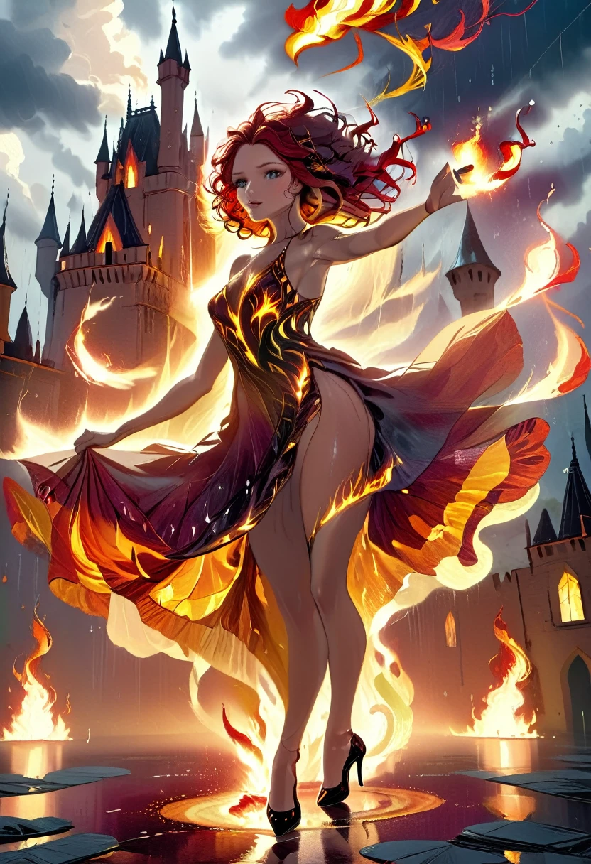 a sorceress of fire making fire dance in a the storm of rain, a most exquisite beautiful sorceress, controlling fire manipulating fire, a woman, dynamic hair color, dynamic hair style, wet hair, wet face, dynamic eyes color, full body shot, wearing dress made of fire, wearing intricate high heels, light make up, dancing in courtyard of a fantasy castle, ((heavy rain drops: 1.1)), clouds in the sky,  (anatomically correct: 1.4), (full body shot: 1.1) , vibrant, Ultra-high resolution, High Contrast, (masterpiece:1.5), highest quality, Best aesthetics), best details, best quality, highres, ultra wide angle, 16k, [ultra detailed], masterpiece, best quality, (extremely detailed),  firecd_xl, phoenix dress, FireMagicAI