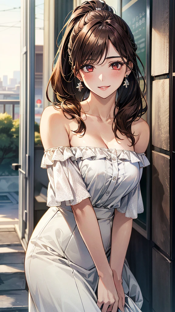 (masterpiece:1.3, Highest quality), Ultra-high resolution, Super detailed, (Realistic, photoRealistic:1.4), Beautiful illustrations, Perfect lighting, colorful, Depth of written boundary,
View your viewers, 1 Girl, alone, Female college student, Gravure Model, (Large Breasts:0.8, Big Ass, Captivating thighs, Skin Dentition),
(long hair:1.2, straight hair:1.2, (saddle-brown colored) hair, ponytail), 非対称の前hair, (brown) eye, drooping eye, big eye, Shiny skin,
beautiful hair, Beautiful Face, Highly detailed face, beautiful detailed eye, Beautiful clavicle, Beautiful body, Beautiful breasts, Beautiful thighs, Beautiful feet, Beautiful fingers,
(Detailed cloth texture, Off-the-shoulder blouse、Long skirt:1.3), Black socks, White panties, Earrings、
(Beautiful views), (evening), (Downtown), walking, (Cute smile),
