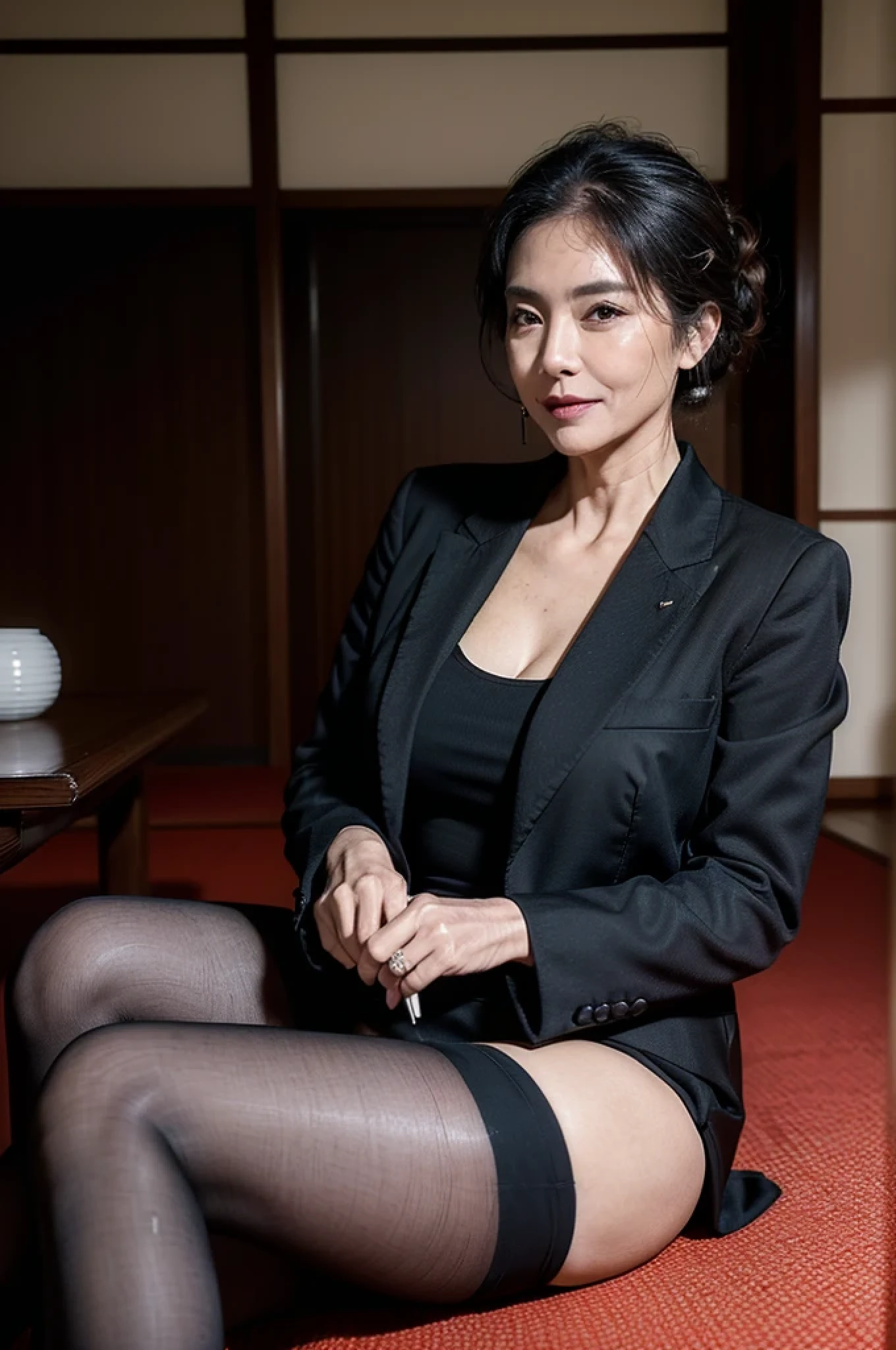 (masterpiece:1.4),(61-year-old woman:1.5),(Facial wrinkles : 1.2),(smirking : 1.1), (Updo : 1.1), (black suit), (black skirt), (black nylon tights : 1.1), Motherhood Mature Woman, (focus on legs : 1), on tatami, traditional japanese room, (smoking cigarettes : 1), (cigarettes on her lips : 1)