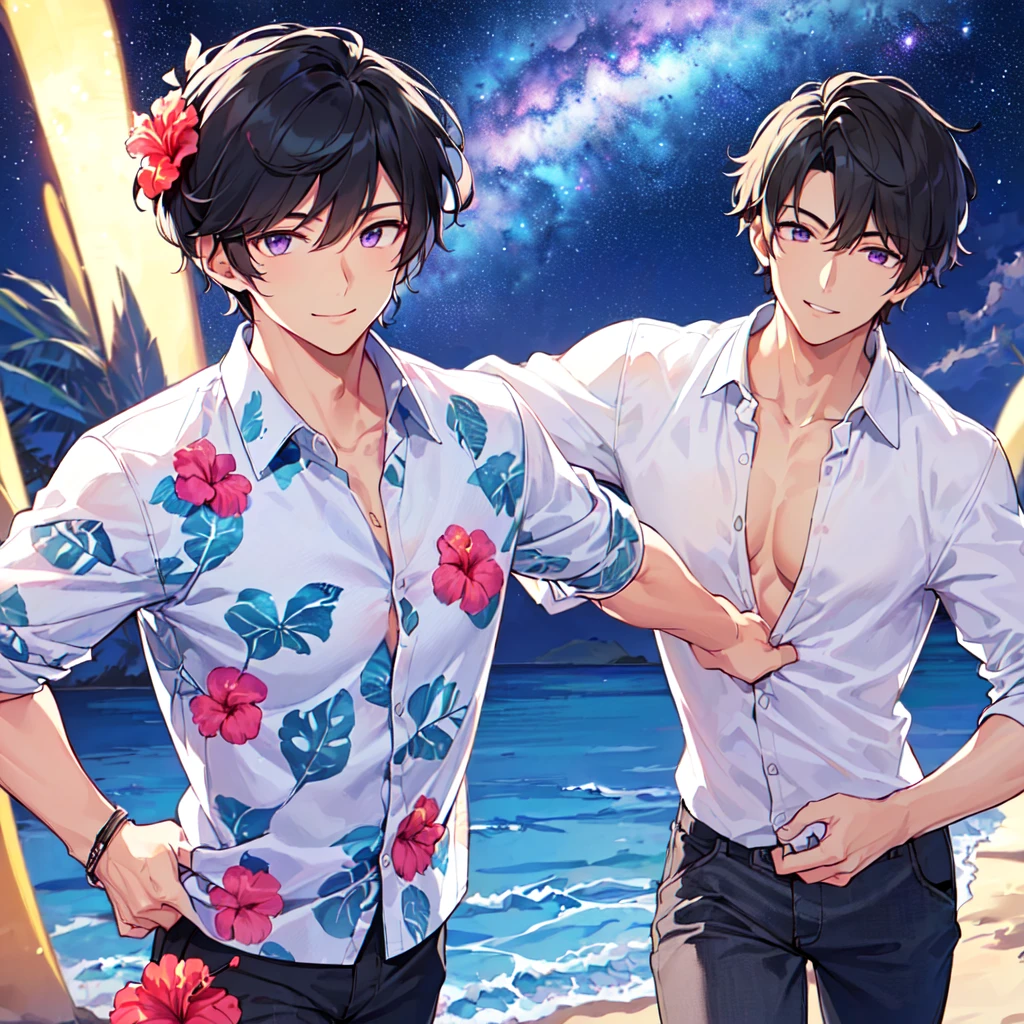 masterpiece,best quality,high quality,extremely detailed,(1male austere handsome one solo adult age 30 years old:1.5),(purple eyes, cool with suspended eyes), body strong and fearless 8.5 head tall and 185cm tall,(well-groomed black hair short hair to neck:1.4), (bangs parted in 7 thirds:1.4), (pectoral and rectus abdominis:1.3), slender nose, facial muscles, (aloha shirt hibiscus print, half pants:1.3), (cool smile:1.3), (running:1.3), (stylish pose), (background tropical and Hibiscus:1.3) , (Milky Way Night Sky: 1.3), (upper body:1.3)