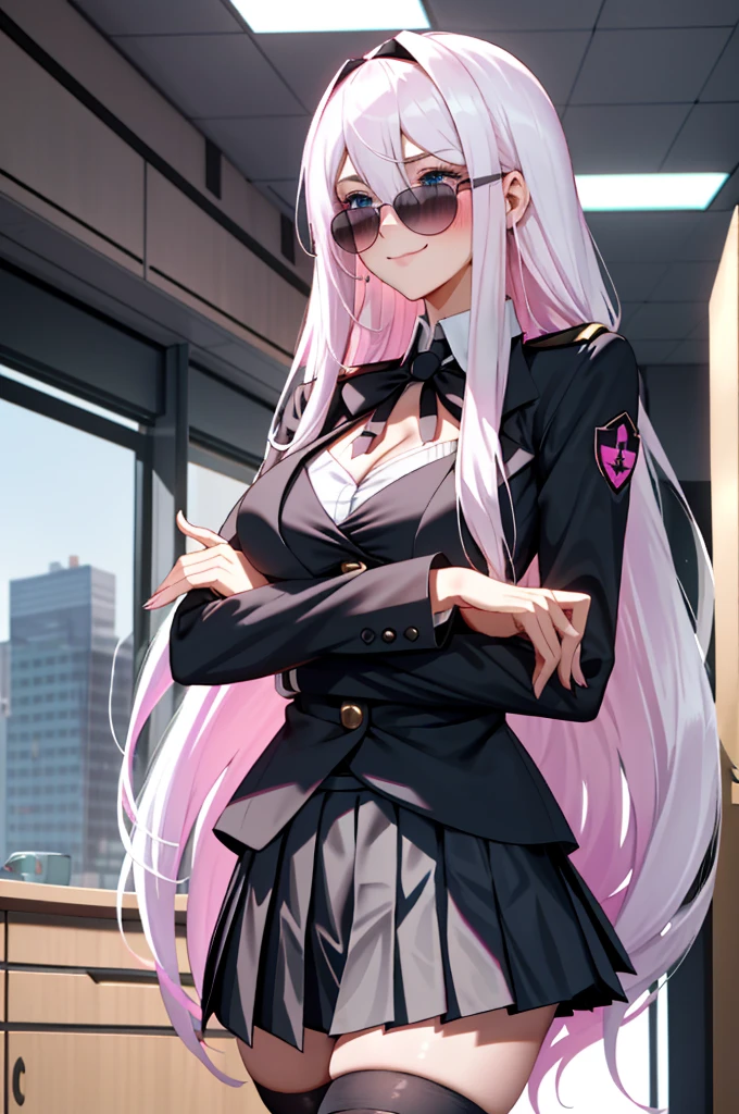 1girl, solo, black thighhighs, cleavage, uniform, office background, black skirt, bussines suit,  ((pleated skirt)), office, hair between eyes,  long hair, looking away, pink , white hair, blue eyes, solo,   very long hair, ((masterpiece)), indoor, smile, ((blush)), sexy pose, blush, black ribbons , sunglasses , cup of tea