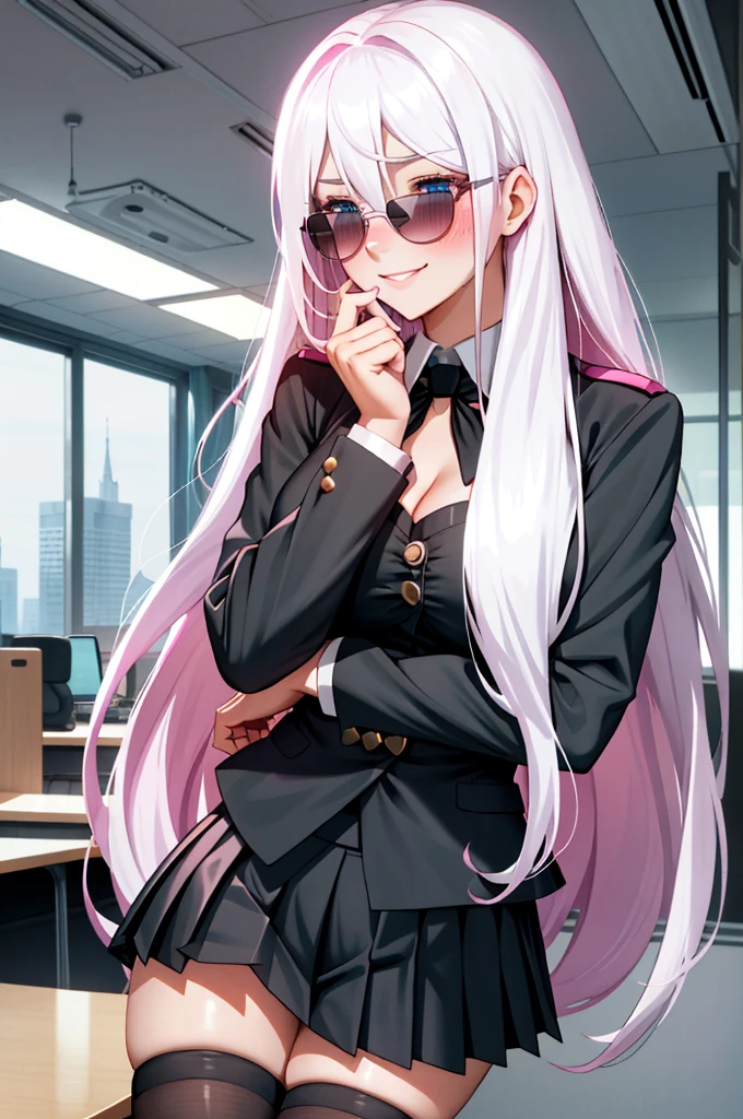 1girl, solo, black thighhighs, cleavage, uniform, office background, black skirt, bussines suit, ((pleated skirt)), office, hair between eyes, long hair, looking away, pink , white hair, blue eyes, solo, very long hair, ((masterpiece)), indoor, smile, ((blush)), sexy pose, blush, black ribbons , sunglasses , cup of tea