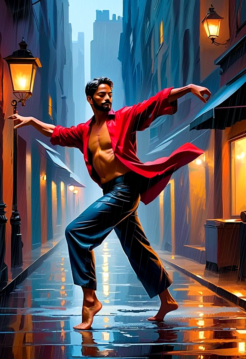 Soul Dancer Mark,heavy rain,A homeless man dancing alone in the rain,soul,Barefoot,Loose and worn clothes,Professional ballet movements,Fingertips 1 butterfly,Very contagious,Splash,Light and Shadow,Minimalism,artistic conception,Iron chain background