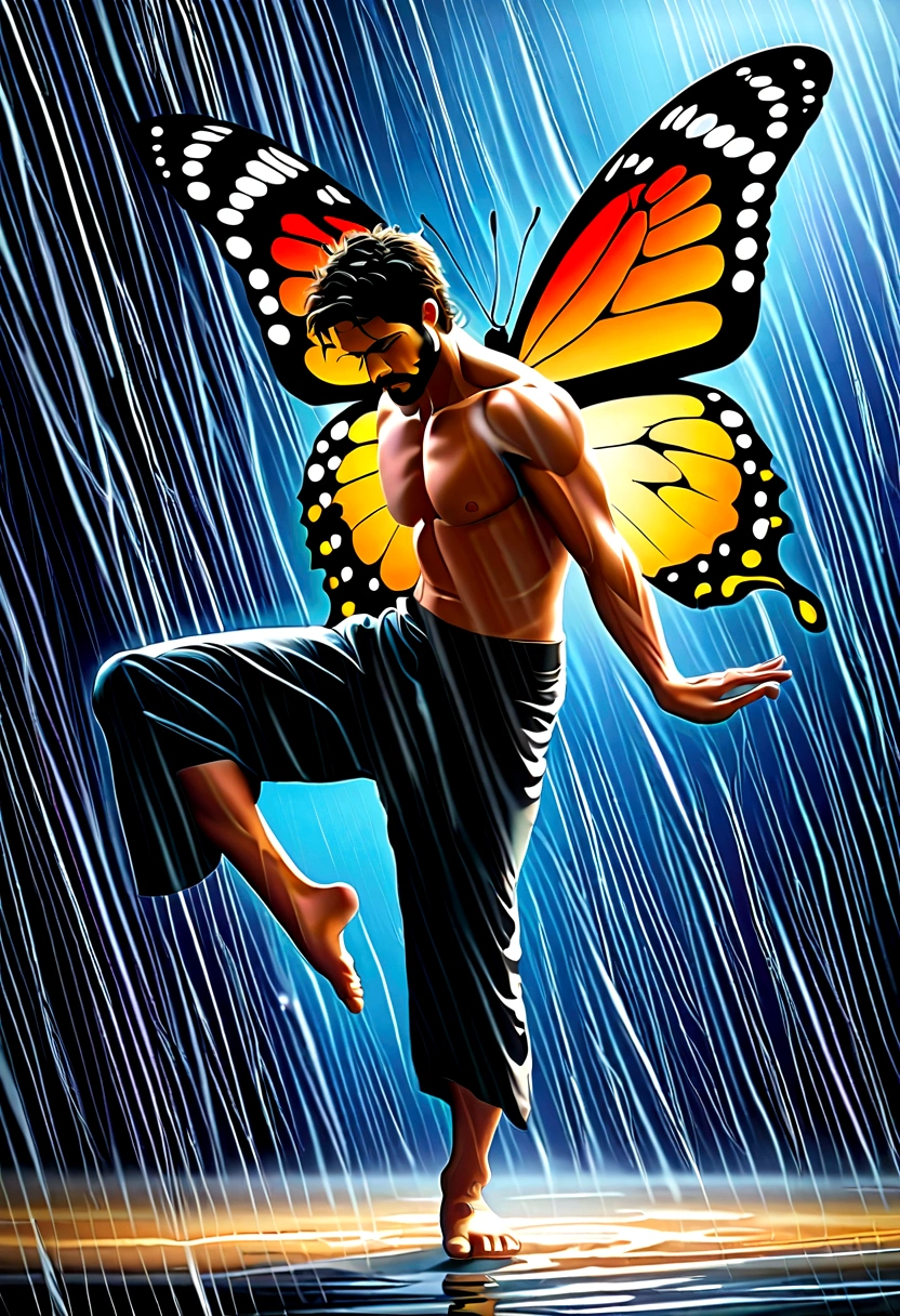 Soul Dancer Mark,heavy rain，A homeless man dancing alone in the rain，soul，Barefoot，Loose and worn clothes，Professional ballet movements，Fingertips 1 butterfly，Very contagious，Splash，Light and Shadow，Minimalism，artistic conception，Iron chain background