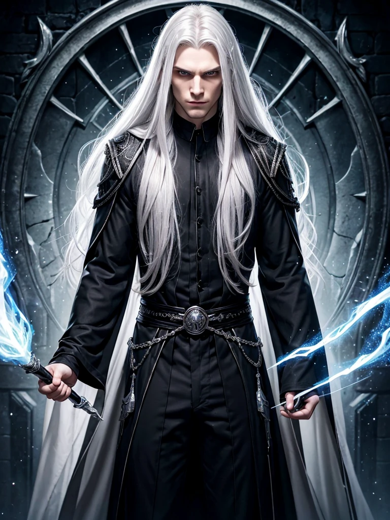 (best quality), 1boy, Male, 28 years old, pale skin, silver hair, very long hair, grey eyes, perfect eyes, necromancer, magical robe, fully clothed, mysterious, handsome, strong jawline, perfect face, smug expression, dark fantasy, (masterpiece), anatomically correct, highres