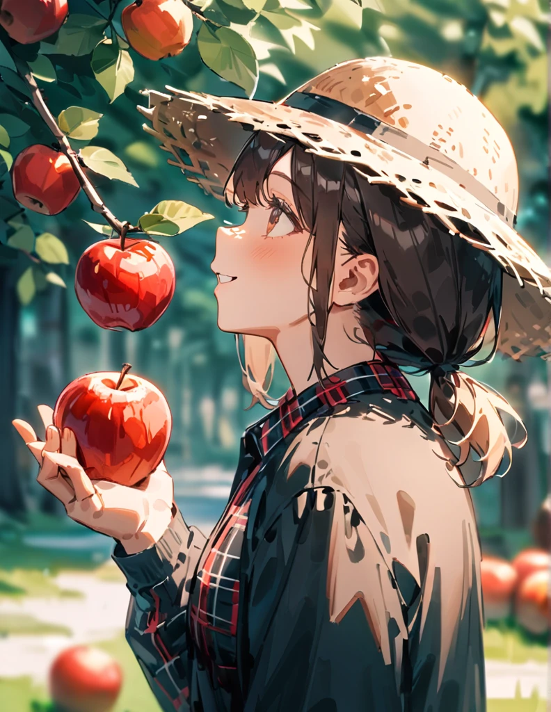 masterpiece, best quality, very aesthetic, absurdres, newest, 1girl, solo, low ponytail, brown eyes, brown hair, straw hat, tartan plaid shirt, long sleeves, little smiling, holding, upper body, outdoors, parted lips, food, day, blurry, from side, tree, fruit, depth of field, blurry background, leaf, sunlight, holding food, looking up, apple, branch, holding fruit
