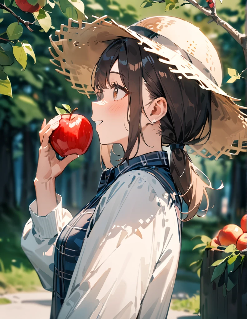 masterpiece, best quality, very aesthetic, absurdres, newest, 1girl, solo, low ponytail, brown eyes, brown hair, straw hat, tartan plaid shirt, long sleeves, little smiling, holding, upper body, outdoors, parted lips, food, day, blurry, from side, tree, fruit, depth of field, blurry background, leaf, sunlight, holding food, looking up, apple, branch, holding fruit