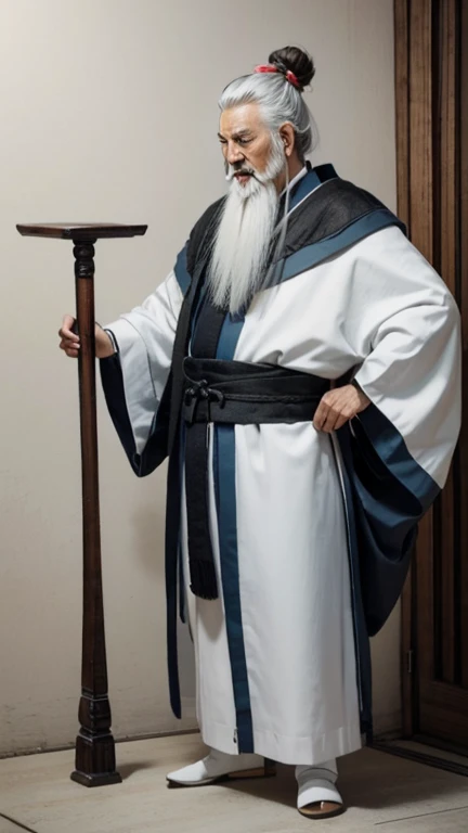 Oriental、((Standing posture))、((The hem hides your legs))、Old man in plain white ancient Chinese costume、Ancient Chinese hairstyle old man、Highest quality、masterpiece、Ultra-high resolution、(Realistic:1.4)、Game Poster、Crisp and beautiful image quality、Gray Hair、white and long beard,,