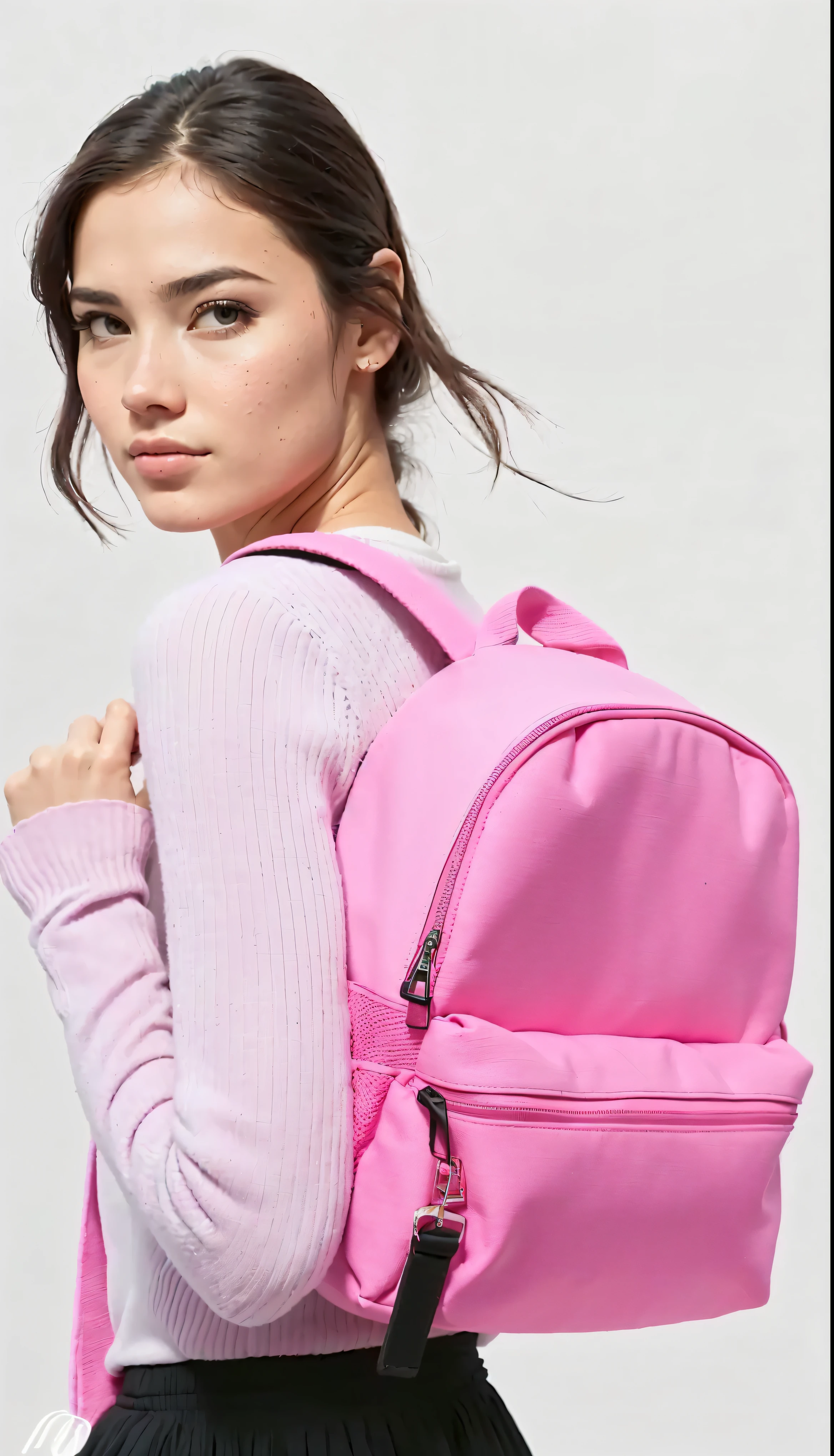 a woman in a pink sweater and black skirt holding a pink Mochila, Mochila, o saco da escola, a Mochila, with a Mochila, wearing strawberry Mochila, néon rosa pastel, Rosa neon, roupas rosa,  Rosa, dayglo rosa, vibração rosa, bolsas, detalhes rosa e rosa, 🤬 🤮 💕 🎀, imagem de perfil, detalhes em rosa, um pouco de rosa