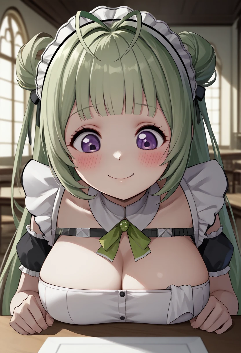 head on table, score_9, score_8_up, score_7_up, source_anime, BREAK 1girl, sdrnd, green hair, long hair, bangs, double bun, antenna hair, blush, , smile, shy, embarrassed, smile, , maid, mansion, room, looking down, from bellow, seductive smile, table, happy, very happy,, head portrait, portrait, only head, big breasts,, close up, purple eyes,