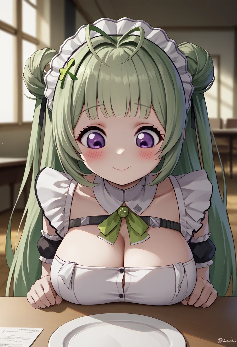 head on table, score_9, score_8_up, score_7_up, source_anime, BREAK 1girl, sdrnd, green hair, long hair, bangs, double bun, antenna hair, blush, , smile, shy, embarrassed, smile, , maid, mansion, room, looking down, from bellow, seductive smile, table, happy, very happy,, head portrait, portrait, only head, big breasts,, close up, purple eyes,