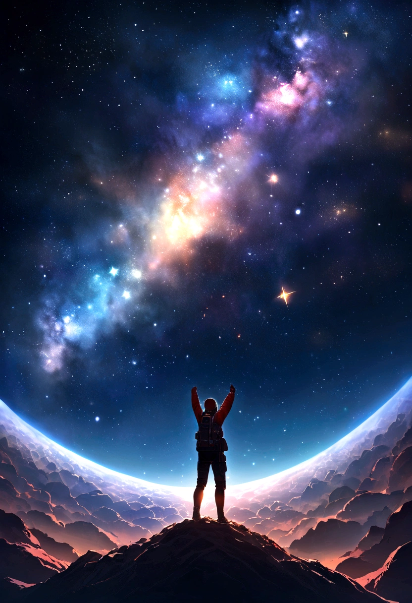 Highest quality， masterpiece， Ultra-high resolution， Realistically，stretch，Amazing starry sky，Gaze at the stars，Wide-angle,universe space