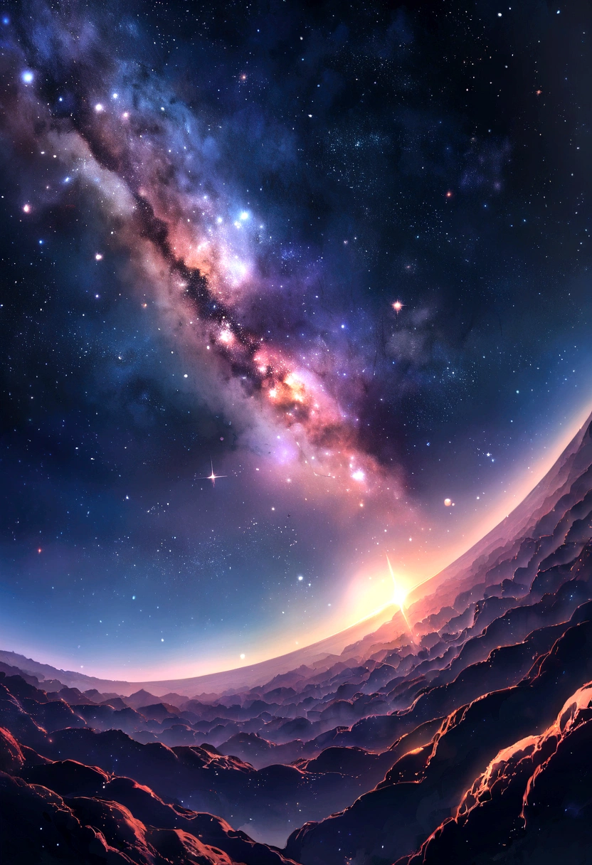 Highest quality， masterpiece， Ultra-high resolution， Realistically，stretch，Amazing starry sky，Gaze at the stars，Wide-angle,universe space