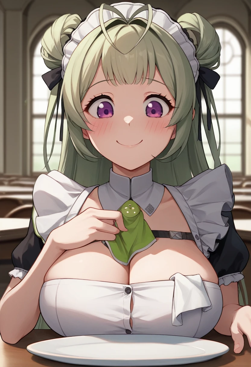 head on table, score_9, score_8_up, score_7_up, source_anime, BREAK 1girl, sdrnd, green hair, long hair, bangs, double bun, antenna hair, blush, , smile, shy, embarrassed, smile, , maid, mansion, room, looking down, from bellow, seductive smile, table, happy, very happy,, head portrait, portrait, only head, big breasts,, close up, purple eyes,
