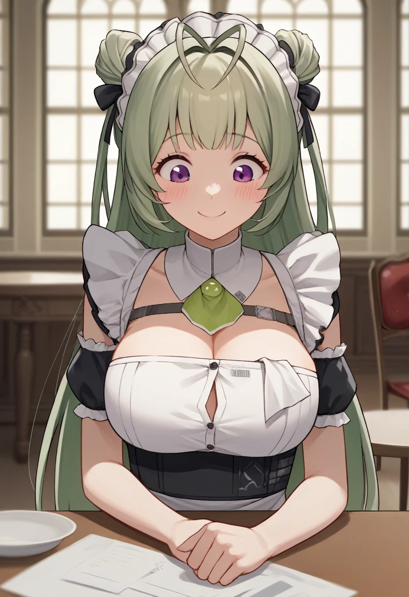 head on table, score_9, score_8_up, score_7_up, source_anime, BREAK 1girl, sdrnd, green hair, long hair, bangs, double bun, antenna hair, blush, , smile, shy, embarrassed, smile, , maid, mansion, room, looking down, from bellow, seductive smile, table, happy, very happy,, head portrait, portrait, only head, big breasts,, close up, purple eyes,