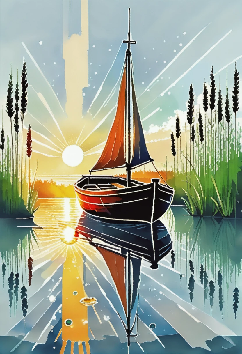 The sun is a boat. the river is clear water waves wind sun splashes drops moisture rain haze. a boat. reed cattail. forest.