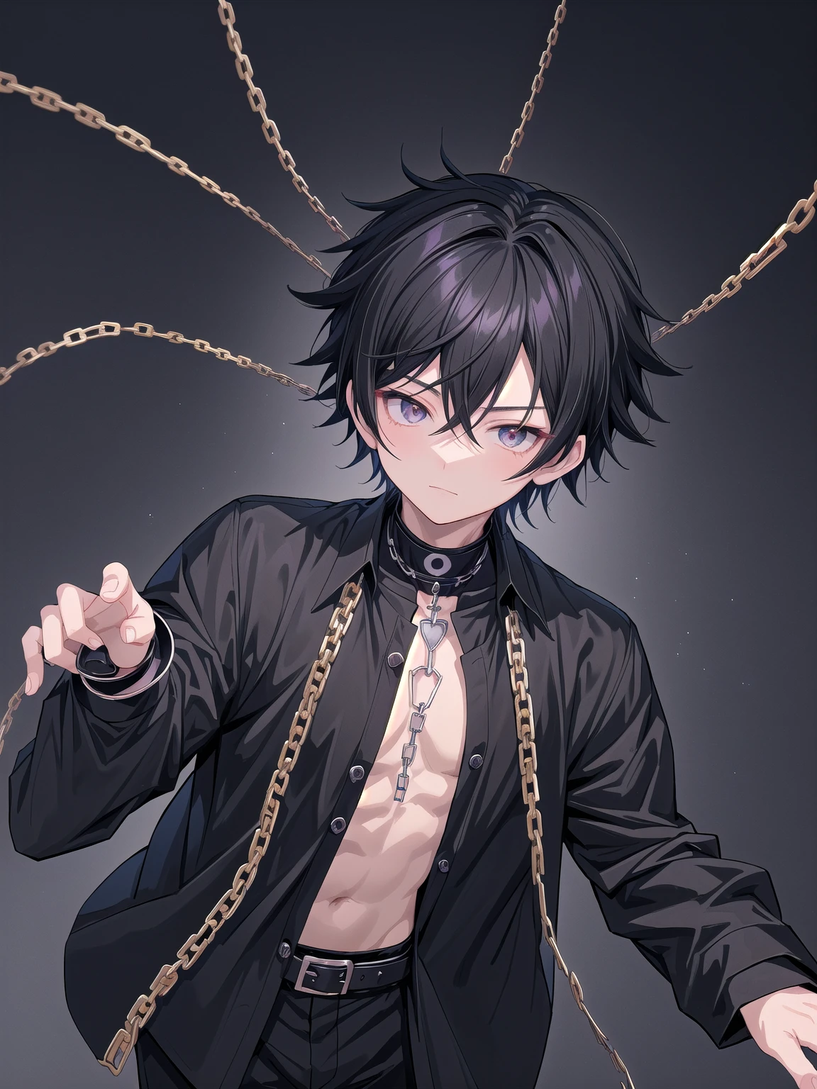 anime boy with black hair and a black shirt with a chain around his neck, male anime style, anime style character, boy has short black hair, inspired by Okumura Togyu, young anime man, anime moe artstyle, in an anime style, inspired by Okumura Masanobu, inspired by Itō Ogura Yonesuke