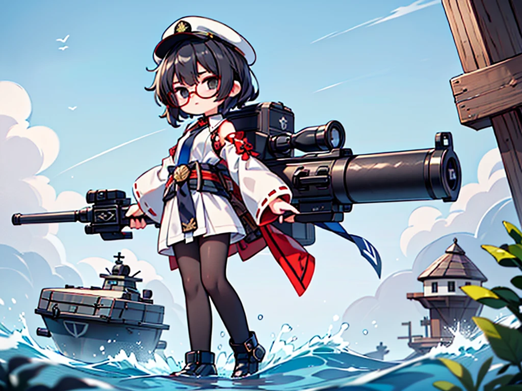 (((masterpiece, Vision))), ((((Full body of a woman with perfect flat chest、1 Female、solo、Short unkempt black hair、Tie your messy hair at the nape of your neck、white military jacket、Miko costume、black tights、Black glasses、White military cap、Cloudy black eyes、Confused eyes、Junyo-inspired emblem)))), (((Shipgirl))), ((Floating on the morning sea with both feet)), (Standing with your legs apart)), Aim, (Hold the shotgun turret grip with your right hand), (Equipped with a large caliber turret with a mechanical arm extending from the waist), (Equipped with a bridge on the back), (His left arm holds the grip of a triple machine gun), Shotgun shell in left arm, Bullet belt on thigh, Spreading the Machine&#39;s Wings, 2. Machine Tail, Naval base in the background, 