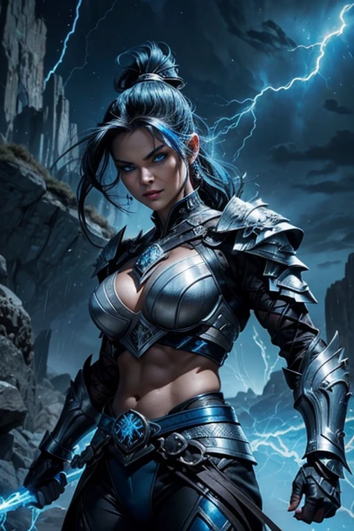 MILF, evil beautiful and muscular female storm giant with blue black hair in a ponytail, older and mature looking , throwing a lightning bolt, glowing tattoos, wearing steel runic plate mail Armour , temple cave background with lightning storm, glowing blue eyes 