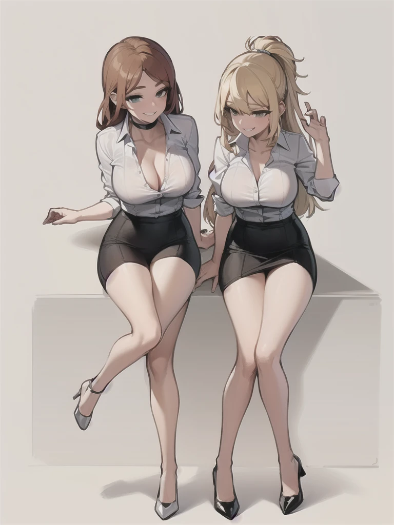 two sexy women in  teacher outfits sitting and looking down at 4 years old boonde hair, seductive smiles, portrait, various hair