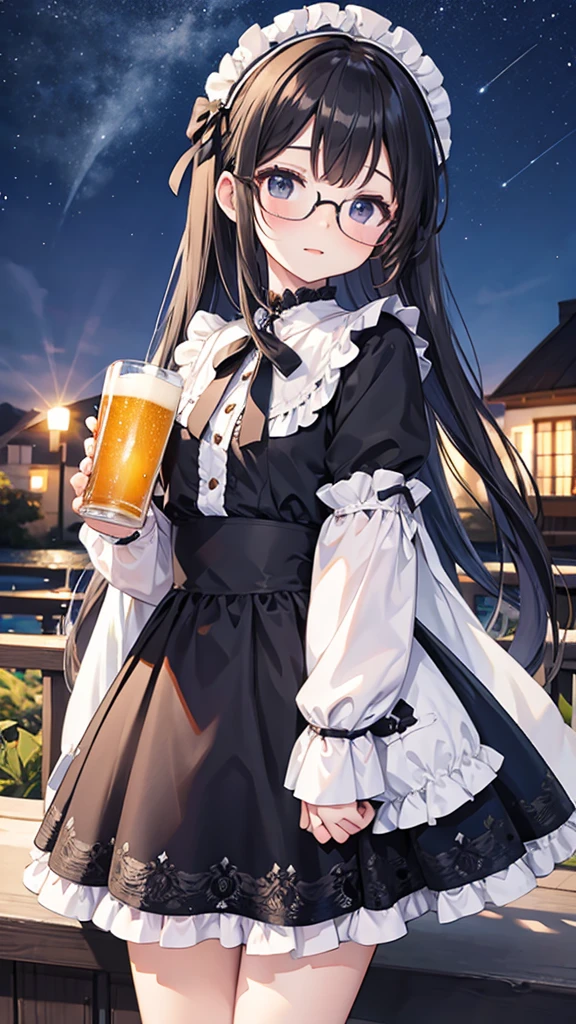 masterpiece, Highest quality, cheers,Black Hair,Long Hair,Straight Hair,Glasses,ta Clothing,Night Sky,beer garden,thick line touch