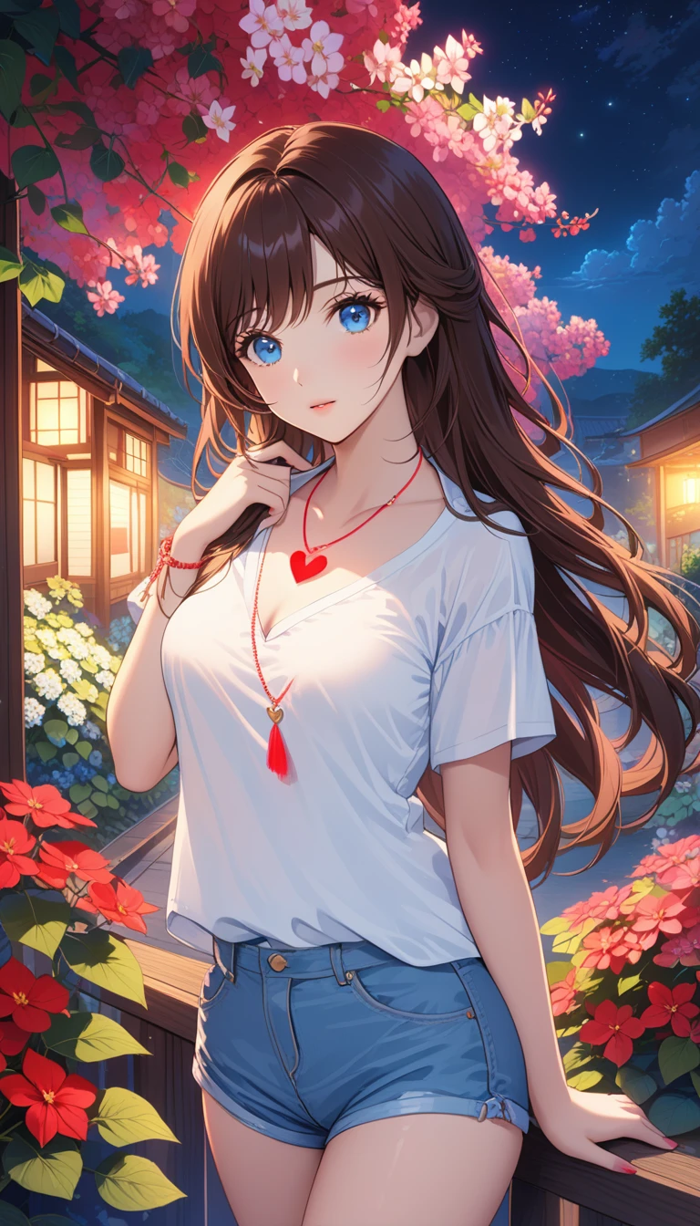 4K, June scenery, Beautiful woman, Long hair, Brown hair, Medium breasts, blue eyes, White shirt, Hot Pants, Neon Red Heart Necklace, Looking at the audience, night, Colorful hydrangea