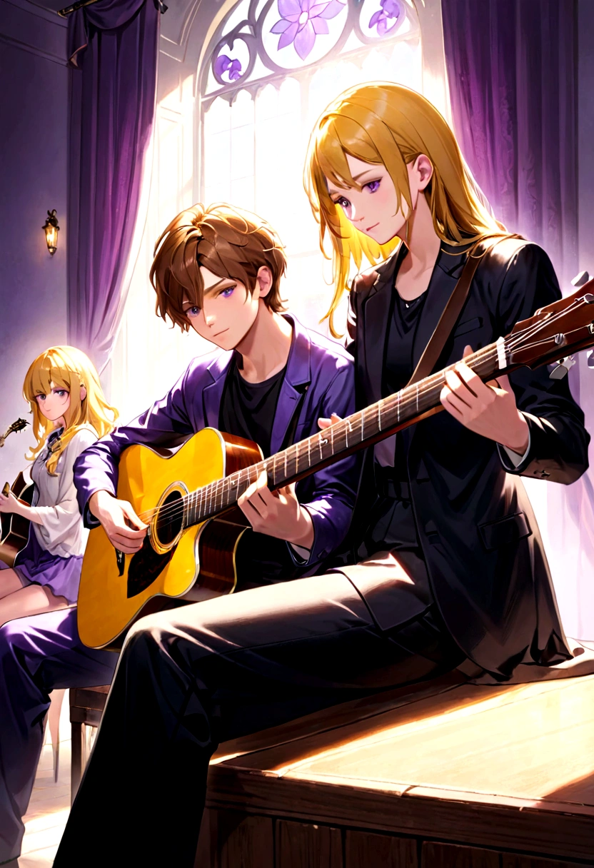 The boy with brown hair and yellow hair is playing a guitar with girl sitting next to him, long lilac hair and purple eyes.