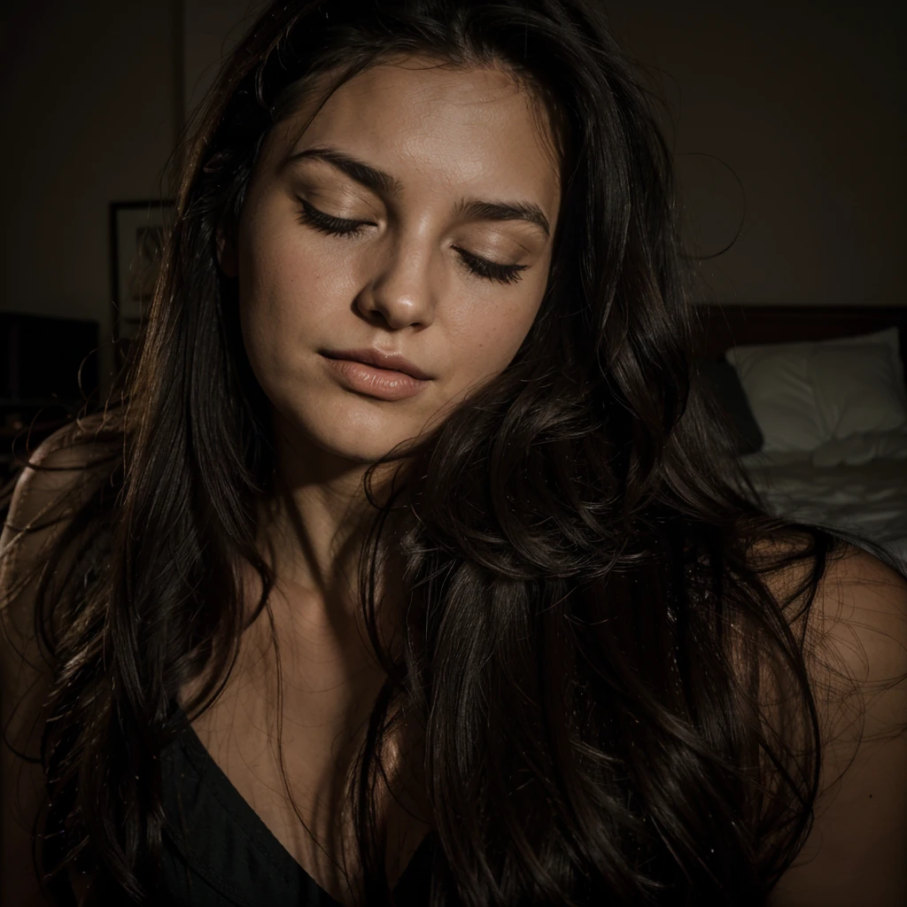 Sharp focus, darkened bedroom, long hair, dark haired woman sleep, mouth slightly open