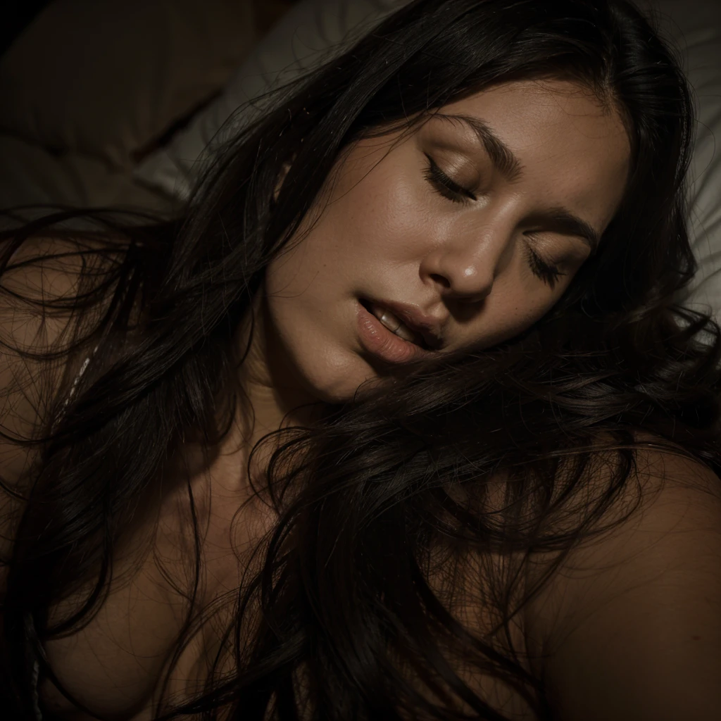 Sharp focus, darkened bedroom, long hair, dark haired woman sleep, mouth slightly open